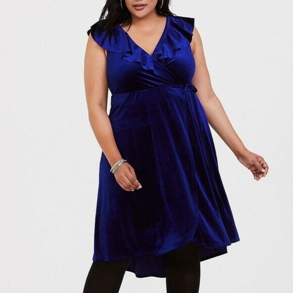 torrid Dresses & Skirts - NWT Torrid Blue Velvet Ruffle Wrap Dress Size 4